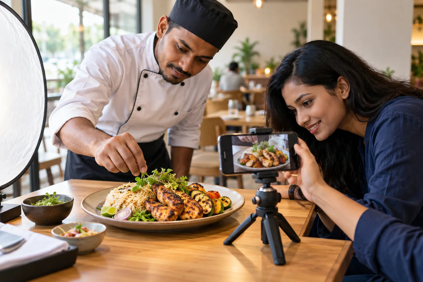 AI-generated illustrative chef and creator preparing and filming a restaurant dish.