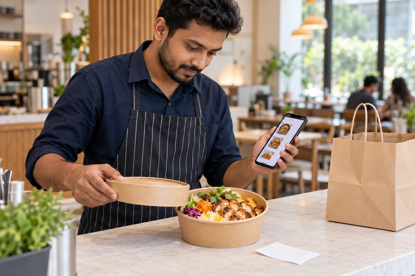 AI-generated illustrative restaurant operator checking a digital menu and takeaway meal packaging.