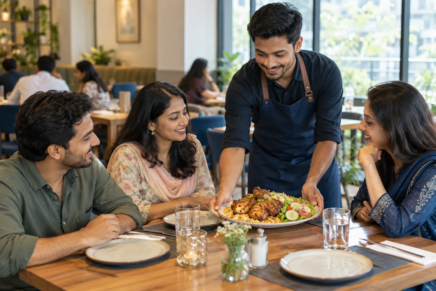 AI-generated illustrative scene of a waiter serving a grilled meal to guests in a contemporary Dhaka-style restaurant.