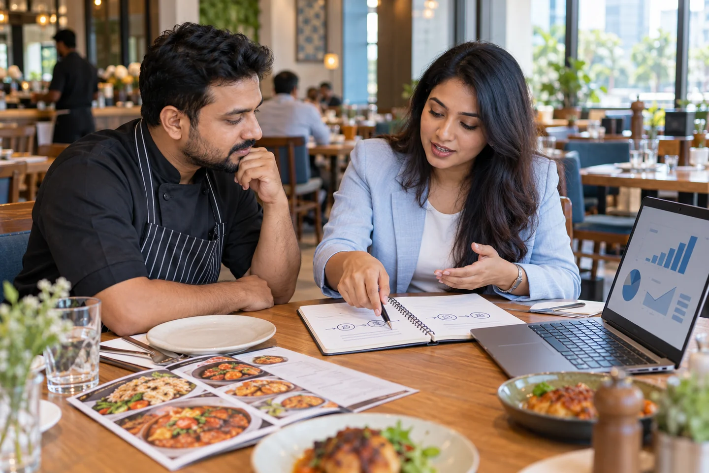 AI-generated illustrative restaurant owner and strategist reviewing a menu and customer journey together.
